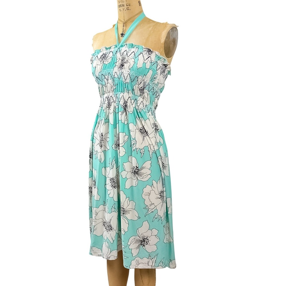 2000s Floral Halter Dress Turquoise Smocked Waist Tropical Beachy Boho Size S - Picture 7 of 8